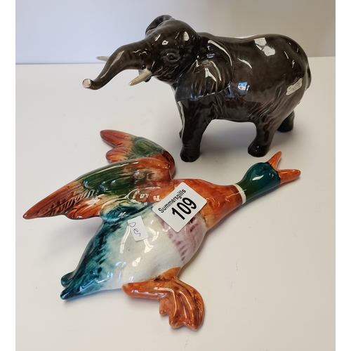 109 - Mallard wall pocket plus Beswick elephant with minor repair to trunk