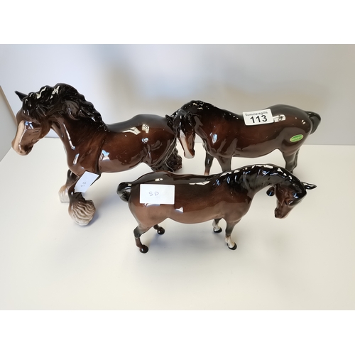 113 - Beswick Cantering Shire horse, Mare facing left and small Mare facing right all in brown