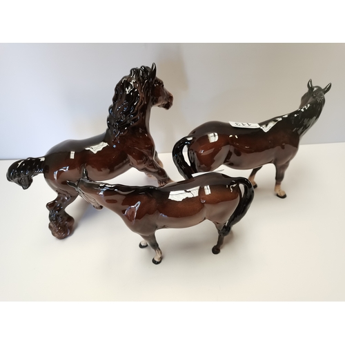 113 - Beswick Cantering Shire horse, Mare facing left and small Mare facing right all in brown