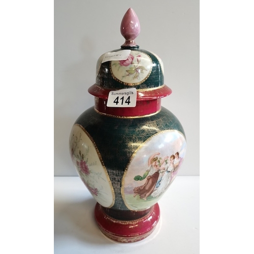 414 - Lidded vase with flower and lady decoration 38cm