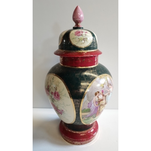 414 - Lidded vase with flower and lady decoration 38cm