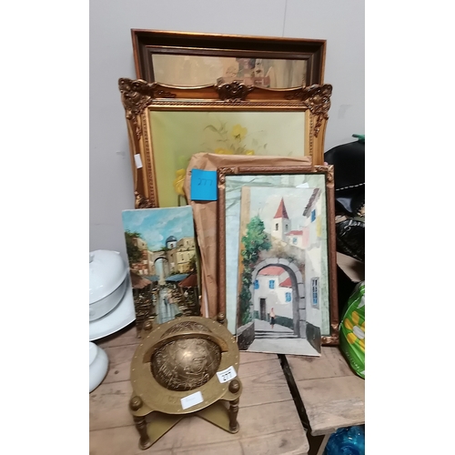 277 - Collection of misc pictures and brass globe