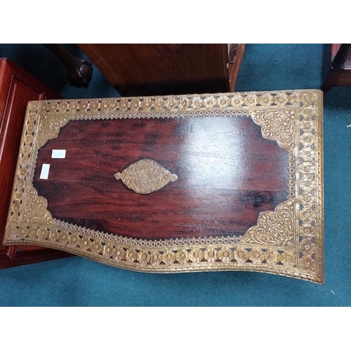 1097 - Repro. Mahogany Oriental style bedside table and 2 brass inlaid coffee tables