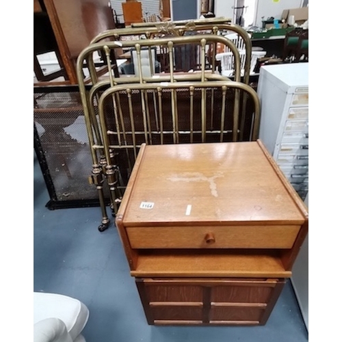 1164 - 2 single brass beds and teak bedside cabinet