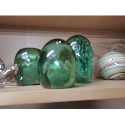 587 - 3 glass dumps, 6 paperweights and vase etc