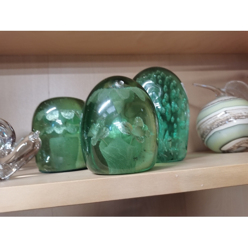 587 - 3 glass dumps, 6 paperweights and vase etc