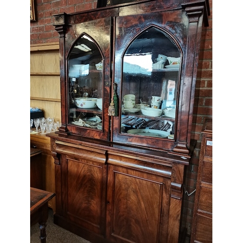 748 - Victorian Mahogany castle style shaped bookcase 1.2m x 2m marked Hobbs & Co London