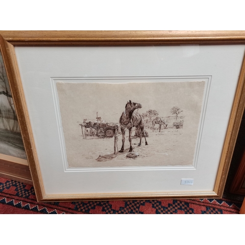 870v - Vintage drawing of Caravan of Camels signed S Garforth