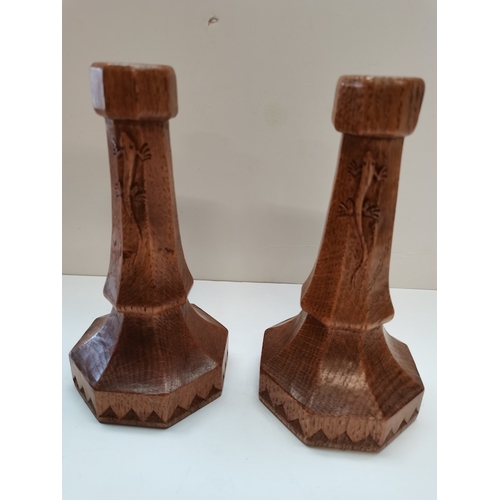 870c - 20cm Early pair of Lizardman candlesticks - Mouseman interest