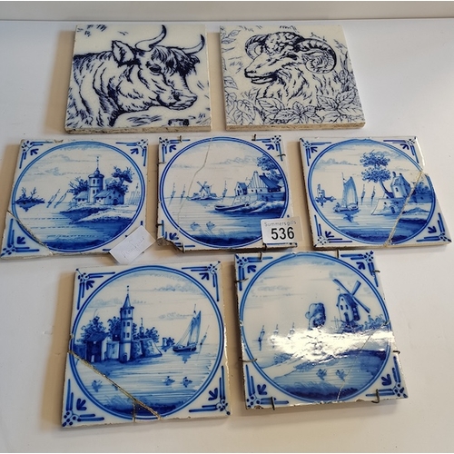 536 - 5 x Blue and white Dutch tiles (all cracked) plus 2 animal tiles