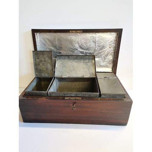 470 - Antique Mahogany box with metal storage tins inside