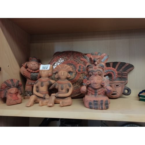 564 - Mexican artefacts and wooden artefact figure in case