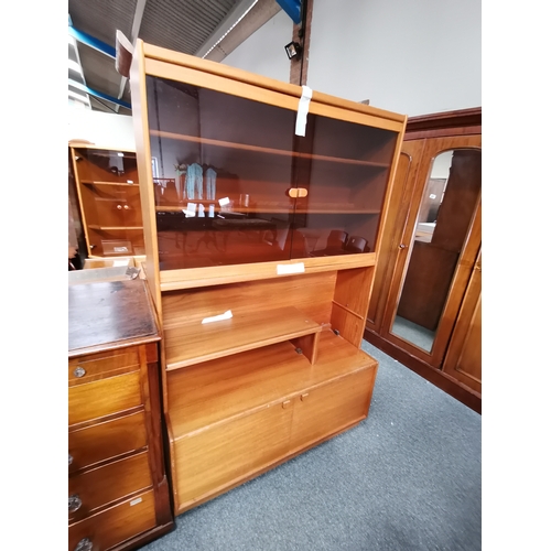 984 - Oak carved double wardrobe and teak Turnidge display cabinet