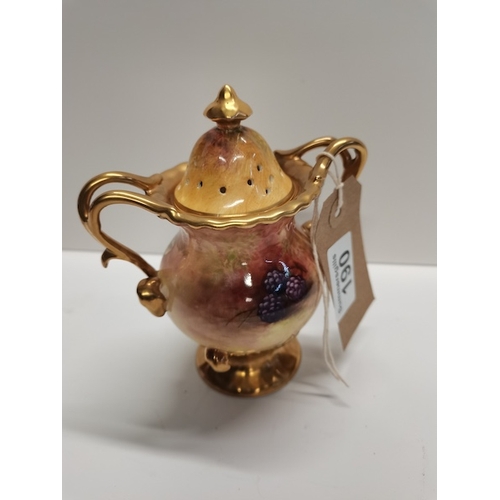 190 - Coalport vase 15cm height with fruit decoration signed C HolIinshead ( hairline to lid )