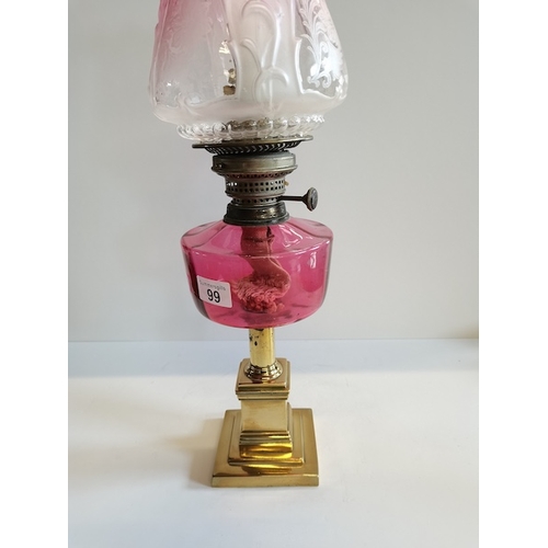 99 - Victorion Oil Lamp in ruby glass and ruby shade Converted to Electricity