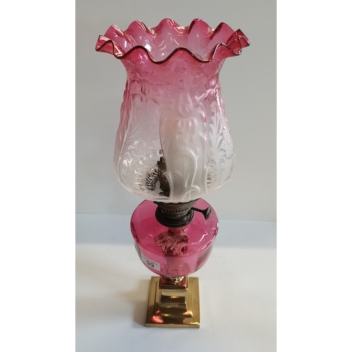 99 - Victorion Oil Lamp in ruby glass and ruby shade Converted to Electricity