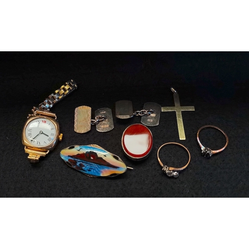 374 - 9ct gold ladies watch,enamel brooch, fob, 2 rings and pair of cufflinksand a cross