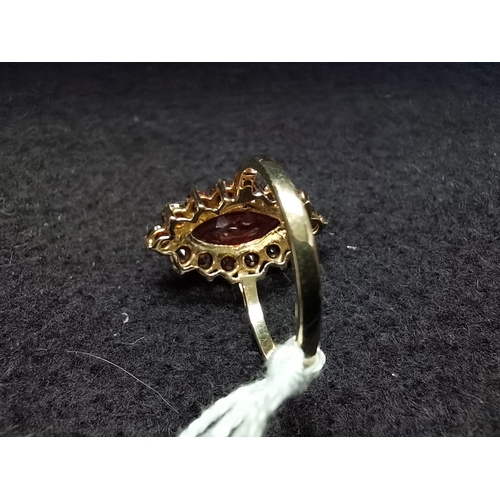 454 - 9ct yellow gold ring Size P 4ct red centre sphinx shape stone with basket of 15 red stones