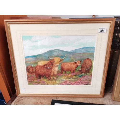 494 - Watercolour of highland cows by D M Alderson