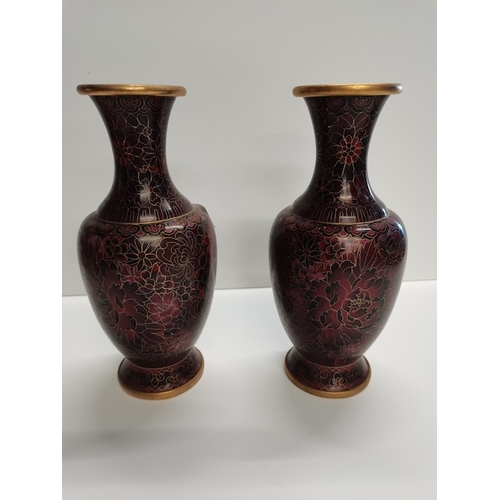 13 - 2 Burgandy Cloisonne Vases ( excellent condition )