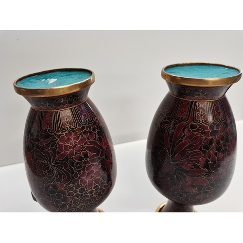 13 - 2 Burgandy Cloisonne Vases ( excellent condition )