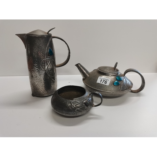 176 - Arts and Crafts Tudric pewter 3 piece coffee set with enamel decoration ( probably Archibald Knox (1... 