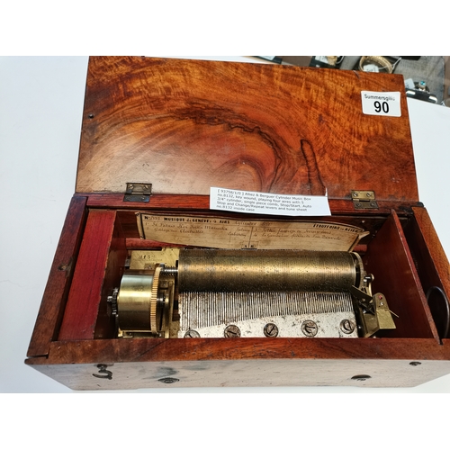 90 - Alliez & Berguer Geneve Cylinder Music Box no 8132 key wound playing 4 aires in walnut caseand 3/4