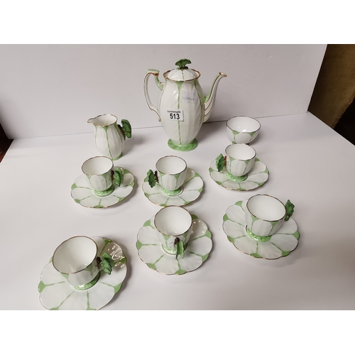 513 - Aynsley butterfly handled coffee set  (  2 hairline cracks to 2 cups and spout repaired on the tea p... 