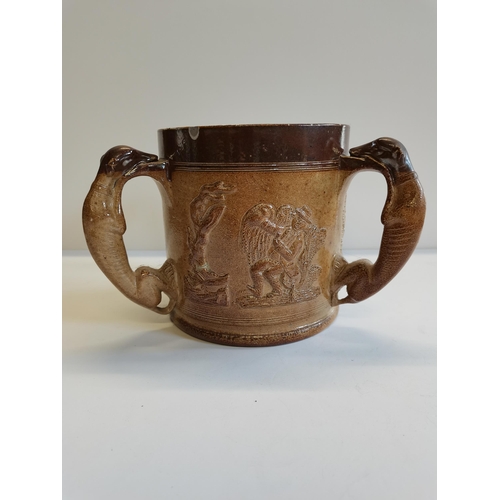 11 - A stoneware Doulton style 3 handled hunting jug 18cm high ( slight chips )