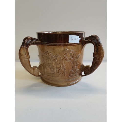 11 - A stoneware Doulton style 3 handled hunting jug 18cm high ( slight chips )