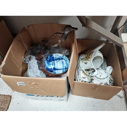 1115 - 2 Boxes Containing Botanic Garden Pottery Glass Bowls A Goose Decanter and plates etc