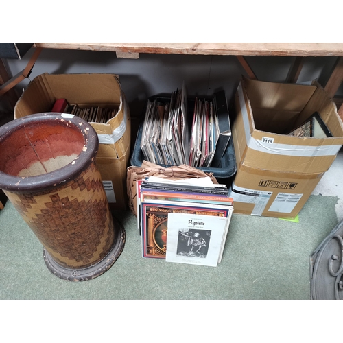 1118 - 2 Boxes and 1 Pile of Records, 2 Pictures, an umbrella Stand and a Box of Metalware