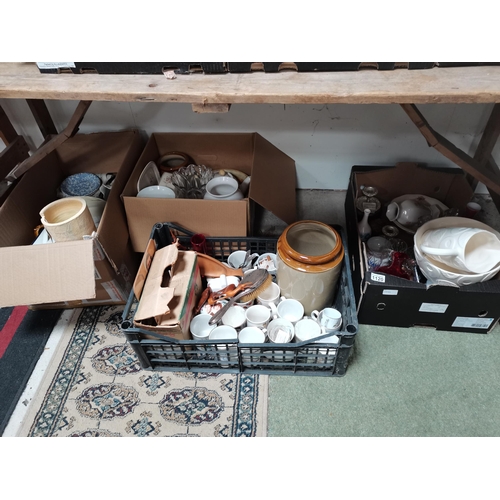 1120 - 4 Boxes Of Misc. to Include a Singer Sewing Machine in box and glass and pottery