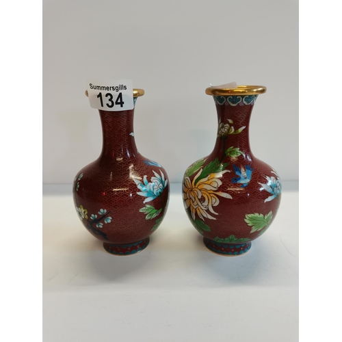 134 - Pair of Burgundy Cloisonne Vases