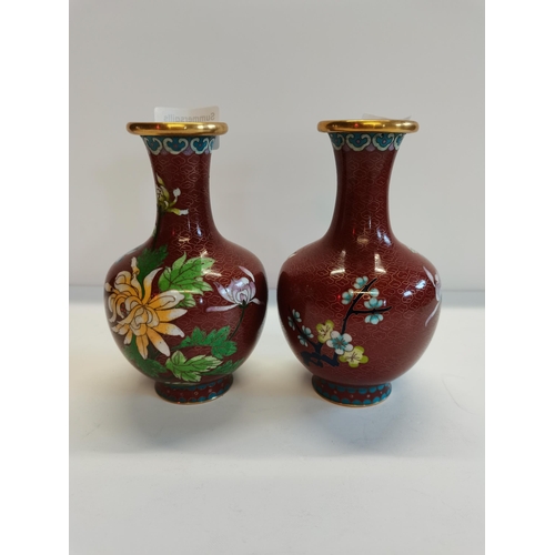 134 - Pair of Burgundy Cloisonne Vases