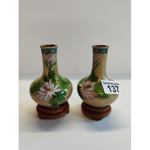 137 - A pair of Chinese flower Cloisonné 10cm vases