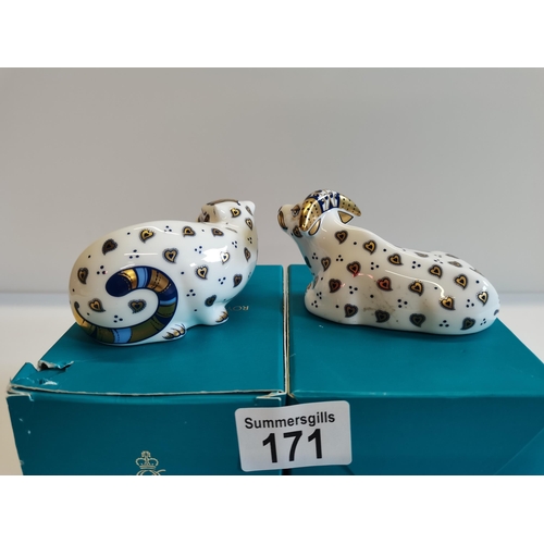 171 - Crown Derby Tiger and Ox with gold stoppers and boxes