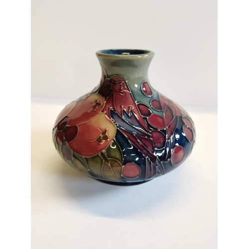 189 - Moorcroft small vase, fruit and  Finch. Excellent condition