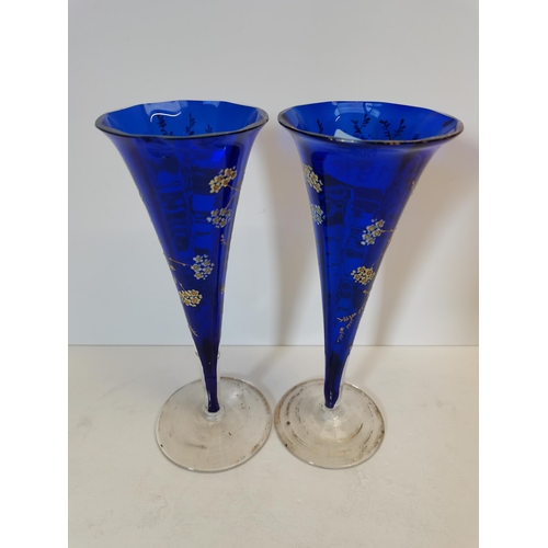 197 - Pair of hand-decorated blue Victorian vases (chip to one rim)