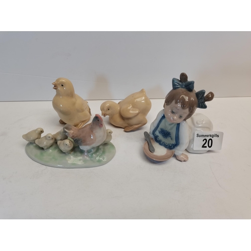 20 - x4 Nao lladro figures incl x2 chickens, x1 Mother hen and chickens, x1 crawling girl