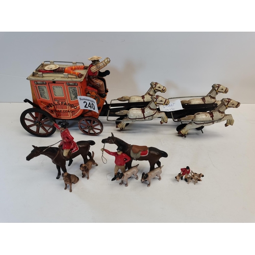 240 - Wells Fargo metal toy stage coach - X3 cast iron hunting figures