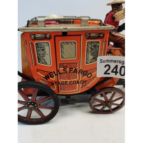 240 - Wells Fargo metal toy stage coach - X3 cast iron hunting figures