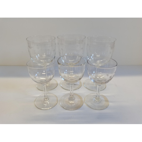 27 - Antique Victorian Etched x3 large wine and x3 small wine glasses - Excellent condition