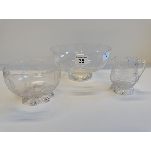 35 - X2 Acid Etched glass bowls and a glass jug