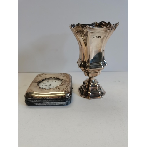 352 - Sheffield silver vase and Silver 955 7cm diameter ATLAS watch in silver case ( working )