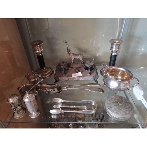 359 - Collection of Silver and Silver plated items incl. stag ink well, candlesticks, sugar tongs etc