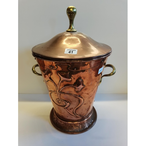 41 - Ornate 2 Handled copper and brass Bucket with lid with tin bucket inside