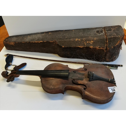 54 - Early Violin and bows in wooden case marked Peter Ditan Feat 1667 plus 5 bows - Length of back of vi... 