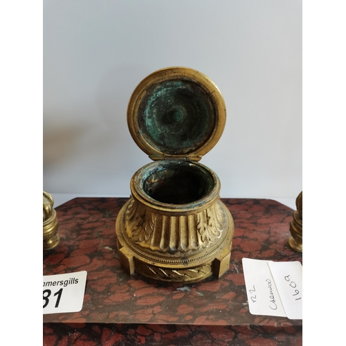 81 - French Antique Marble and bronze Ink Well and a pair of brass candle stick