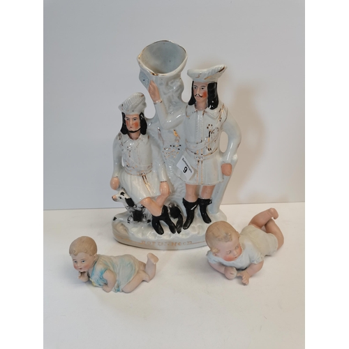 9 - 2 x Antique bisque baby figures and Staffordshire figure